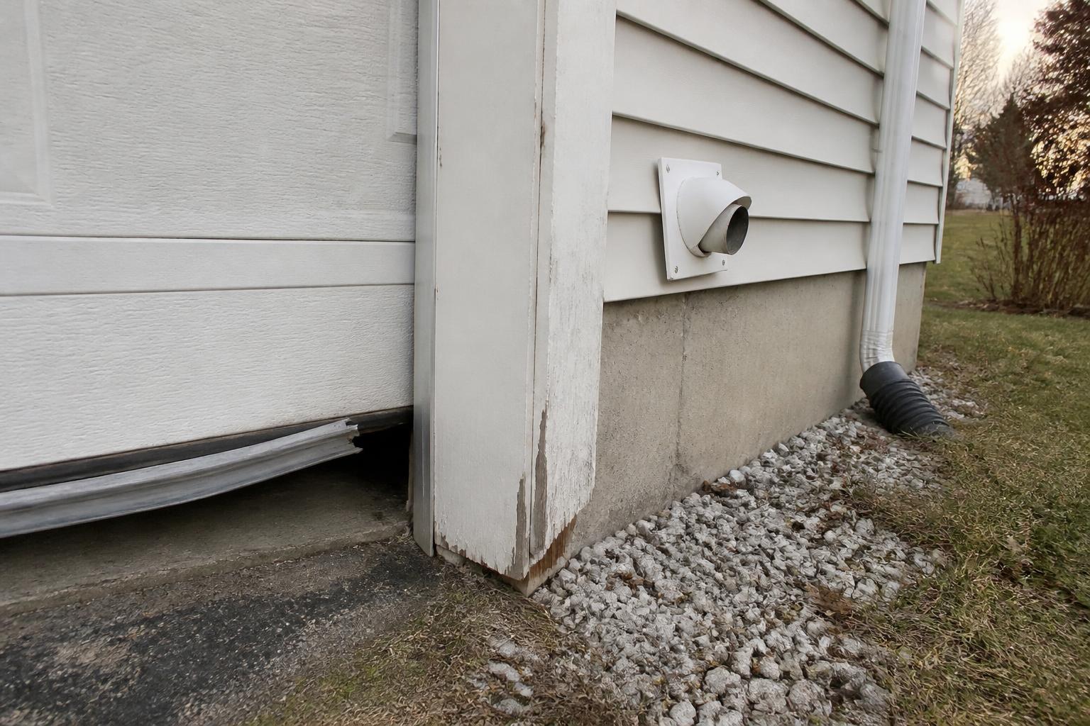 Attached garage and siding transition on a residential home at dusk, a common area of structural mouse entry